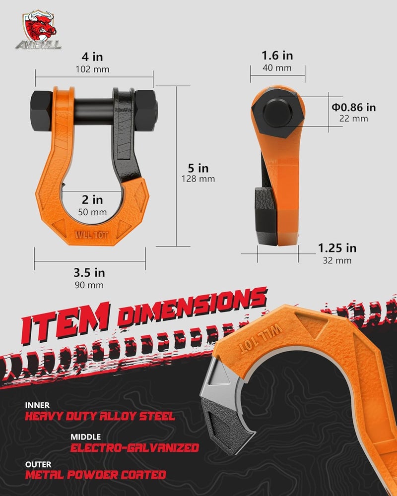 AMBULL 3/4" D Ring Separate Shackles, 52,910lbs Break Strength Easy Open Towing Winch Shackles, Heavy Duty Shackles with 7/8" Screw Pin for Tow Strap Winch Off Road Vehicle Recovery (BlackOrange) - Image 3